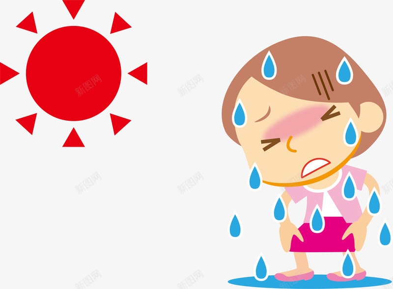 女孩png免抠素材_新图网 https://ixintu.com 卡通手绘 太阳 太阳下汗如雨下 彩绘 流汗 热 装饰图案