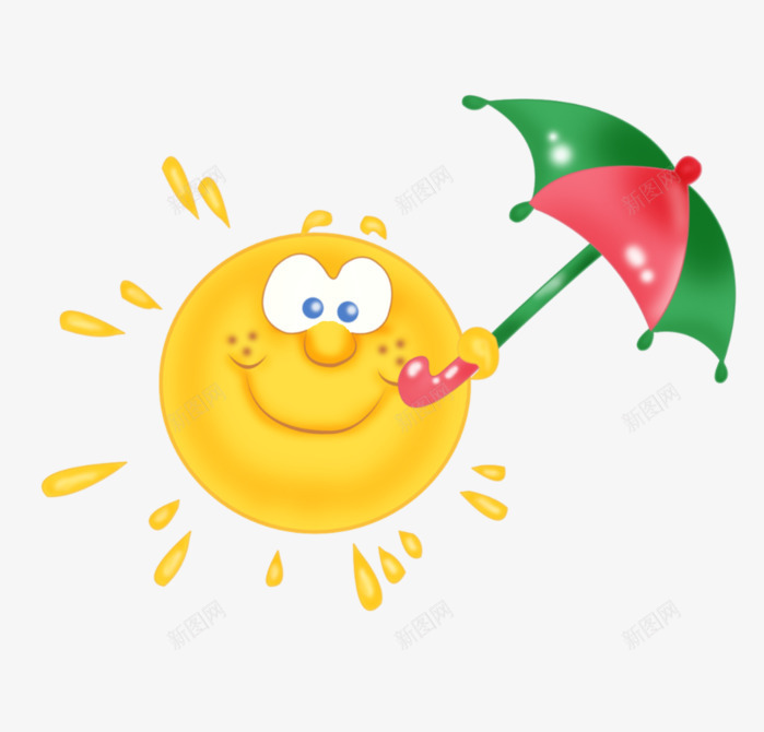 打伞的太阳png免抠素材_新图网 https://ixintu.com 一把 卡通 可爱 太阳 手绘 红色 绿色 雨伞 黄色