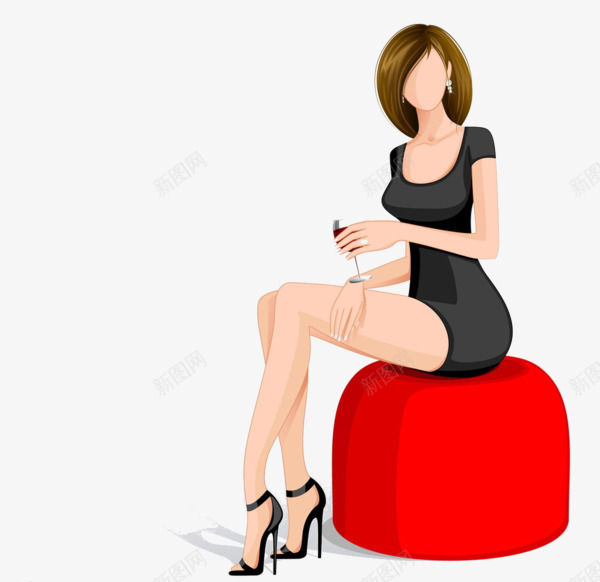 坐着的女人png免抠素材_新图网 https://ixintu.com 凳子 女人 手绘 杯子 红色 高跟鞋