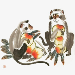 中国风水墨画两只猿猴抱桃插画免素材