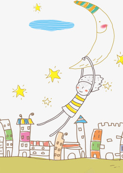 合成创意卡通风格抓着月亮的小男孩素材