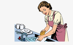 手绘洗碗女人素材