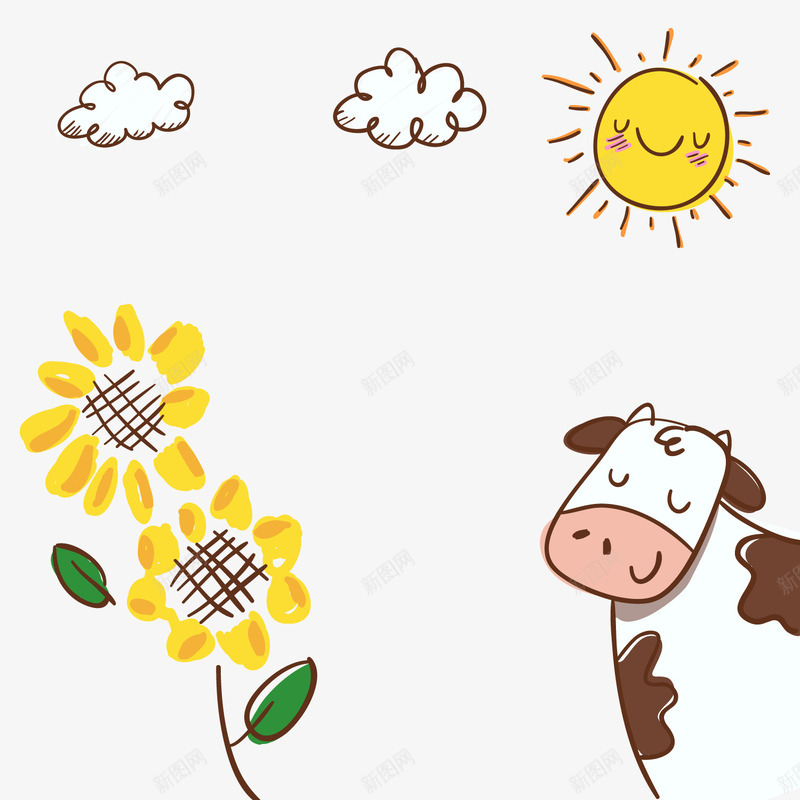 向日葵与奶牛png免抠素材_新图网 https://ixintu.com 卡通太阳 卡通奶牛 卡通植物 背景装饰 黄色向日葵