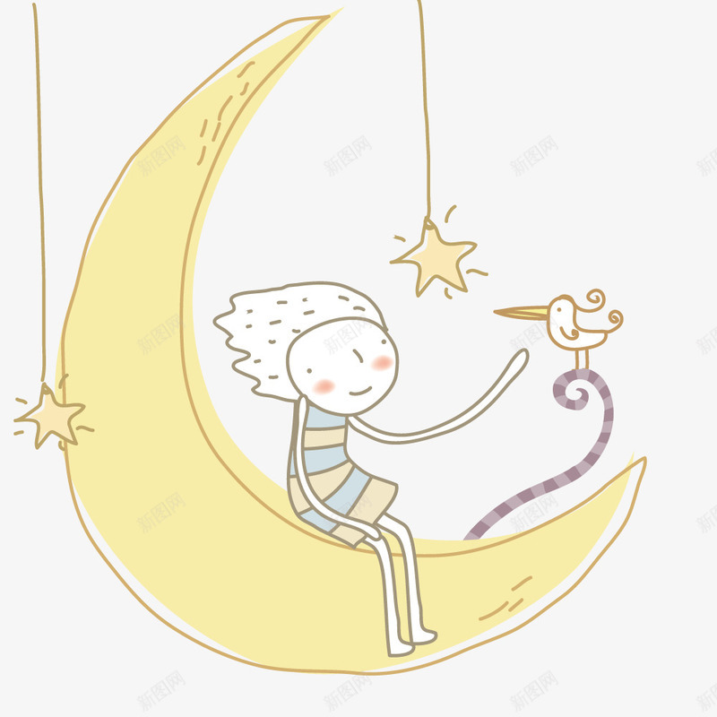 月亮上坐着女孩png免抠素材_新图网 https://ixintu.com 创意 坐着的小朋友 女孩 手绘 插画 月亮