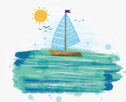 蓝色纹理创意帆船航行卡通插画素材