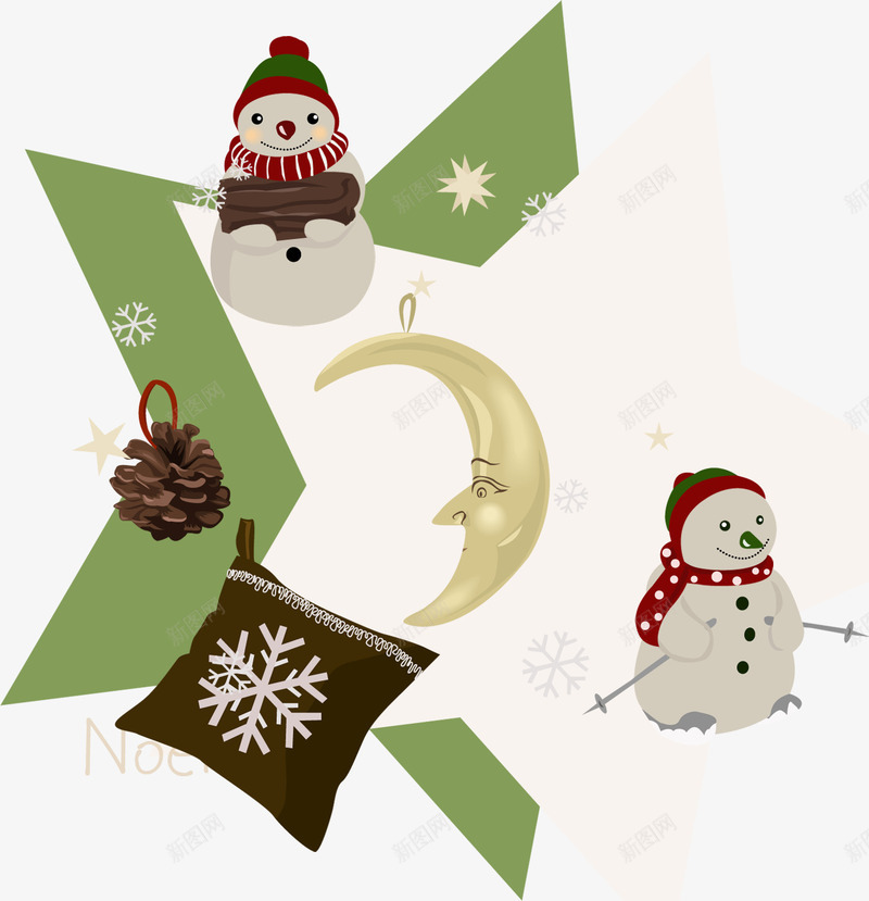 圣诞节雪人和月亮png免抠素材_新图网 https://ixintu.com 圣诞节 抱枕 星星 松果 雪人