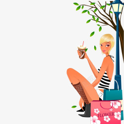 坐在树下卡通坐在树下喝咖啡的女人矢量图高清图片