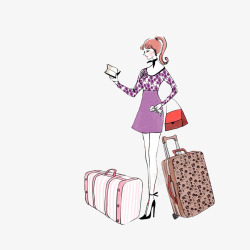 手绘插画时尚女人拖着行李素材