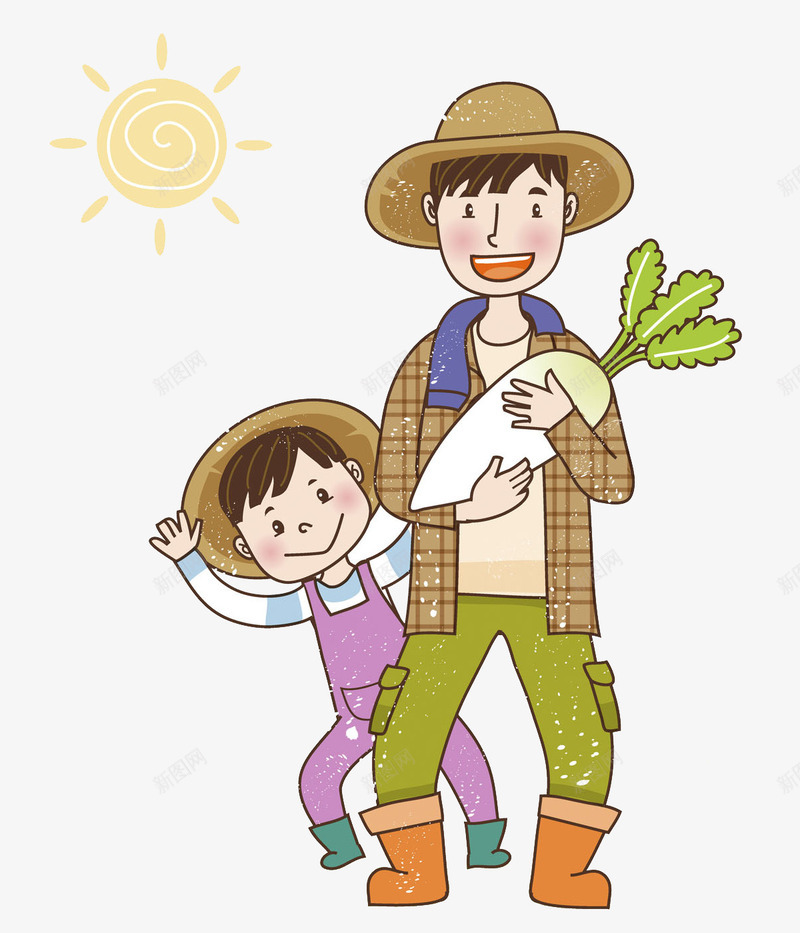 抱着萝卜的父子图png免抠素材_新图网 https://ixintu.com 农民 太阳 小孩 插图 父子 男人 白萝卜 高兴地