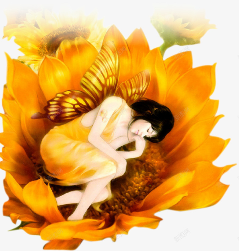 躺在花中的美女png免抠素材_新图网 https://ixintu.com 太阳花 手绘 睡觉 蝴蝶