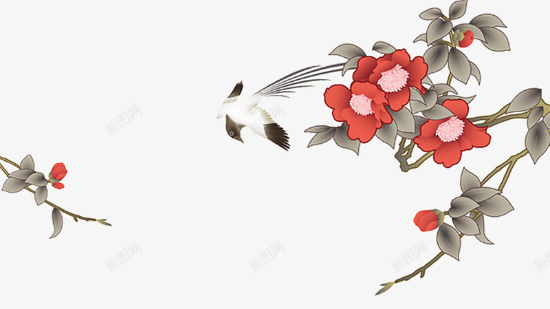 花鸟装饰画psd免抠素材_新图网 https://ixintu.com 植物 花朵 装饰 鸟