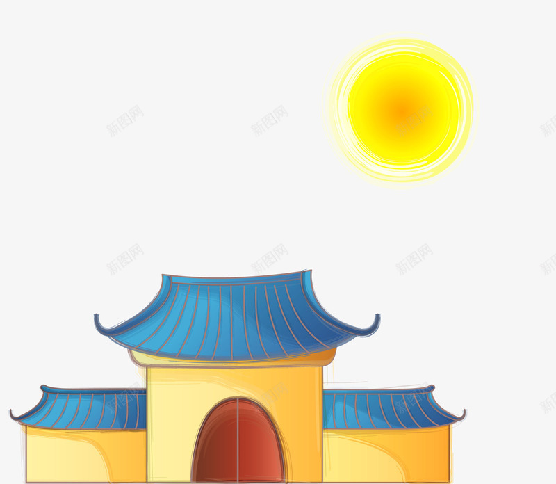 手绘寺庙png免抠素材_新图网 https://ixintu.com 太阳 寺庙 房子