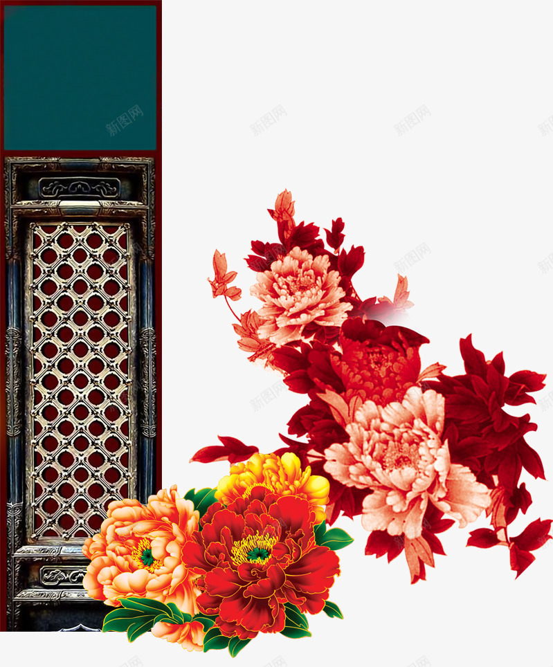 中国风古典门psd免抠素材_新图网 https://ixintu.com 中国风 牡丹花 老式门 装饰图案
