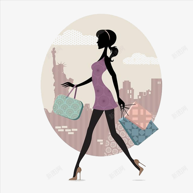 手绘购物的女人世界著名地标png免抠素材_新图网 https://ixintu.com 世界著名地标 包裹 女人 自由女像 自由女神 购物的女人 高跟鞋