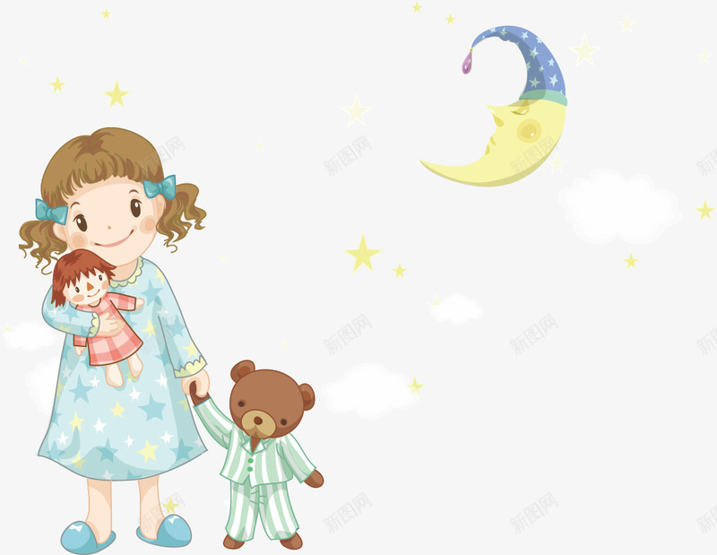 抱着布娃娃的女孩png免抠素材_新图网 https://ixintu.com 女孩 布娃娃 星星 月亮