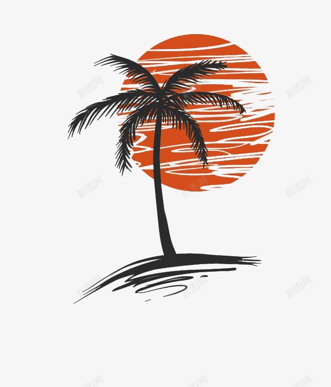 夕阳和椰树png免抠素材_新图网 https://ixintu.com 夕阳 椰树 波浪 红色