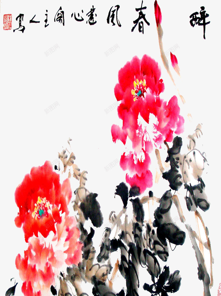 花朵png免抠素材_新图网 https://ixintu.com 中国画 中国风 牡丹 红色 花朵 黑色
