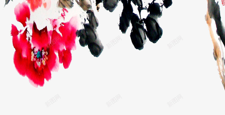 花朵png免抠素材_新图网 https://ixintu.com 中国画 中国风 牡丹 红色 花朵 黑色