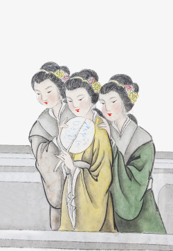 古代聚会手绘聚在一起的侍女们高清图片
