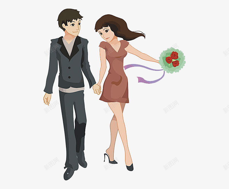 卡通牵手的情侣png免抠素材_新图网 https://ixintu.com 免抠人物 卡通 拿着花朵的女人 牵手的情侣 行走的情侣