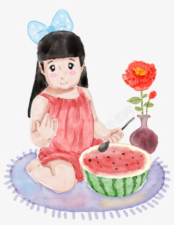 立夏手绘插画小女孩吃西瓜手绘插素材