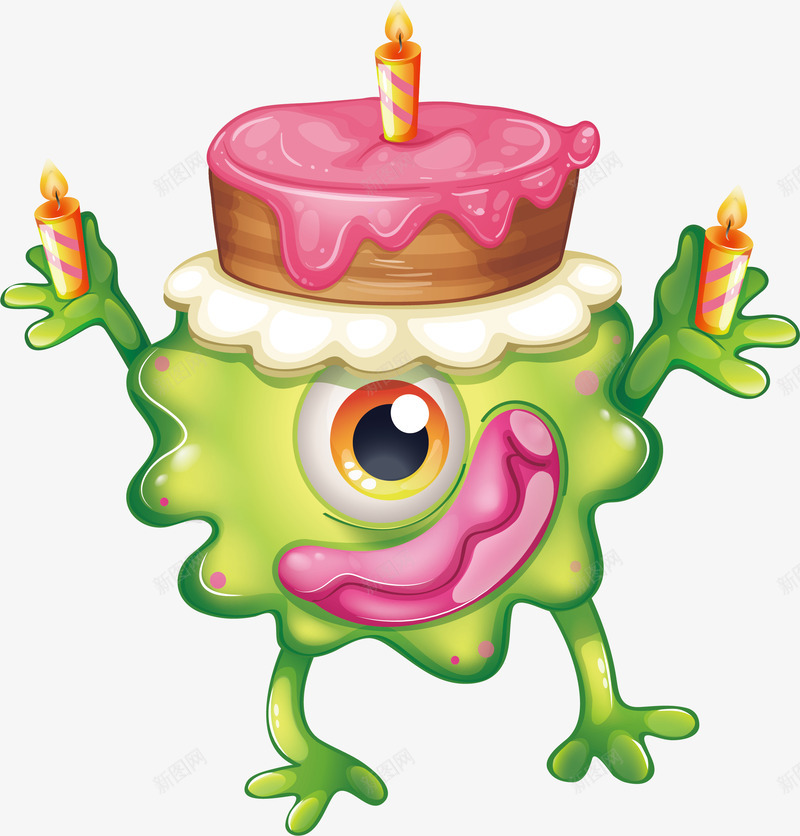 庆祝生日的怪物png免抠素材_新图网 https://ixintu.com 庆祝生日 生日蛋糕 矢量素材 粉色蛋糕 绿色怪兽