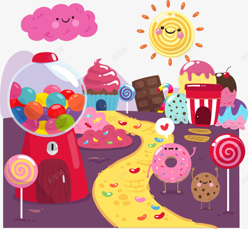 可爱食品png免抠素材_新图网 https://ixintu.com 卡通有趣 小太阳 甜甜圈 矢量图案 简约装饰 蛋糕