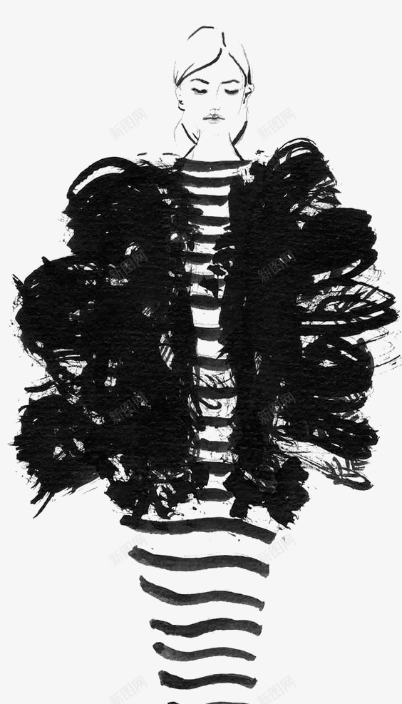 时尚模特png免抠素材_新图网 https://ixintu.com 卡通 女人 手绘 插画 时尚 水墨 线条 黑色