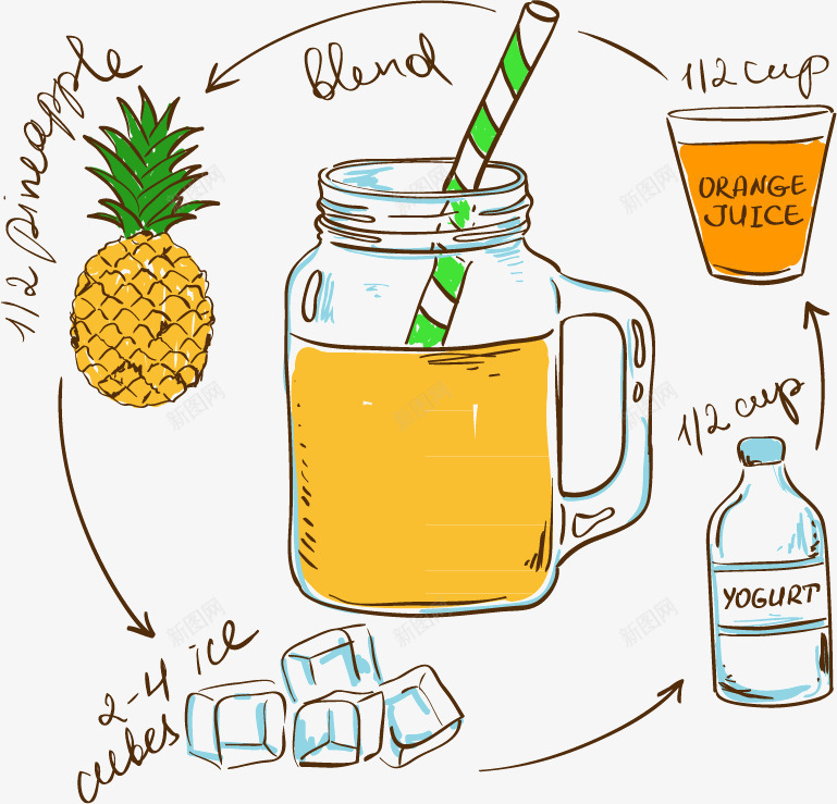 菠萝汁矢量图ai免抠素材_新图网 https://ixintu.com 冰块 凤梨 果汁 菠萝 蔬菜 矢量图