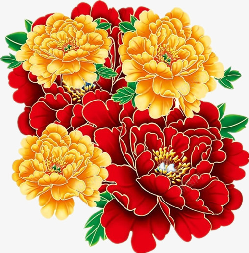 盛开的牡丹花png免抠素材_新图网 https://ixintu.com 彩绘图 红色的牡丹 绿叶 黄花
