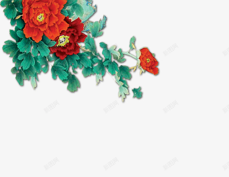牡丹png免抠素材_新图网 https://ixintu.com 中国画 国画 墨绿色叶子 红色花朵 花卉