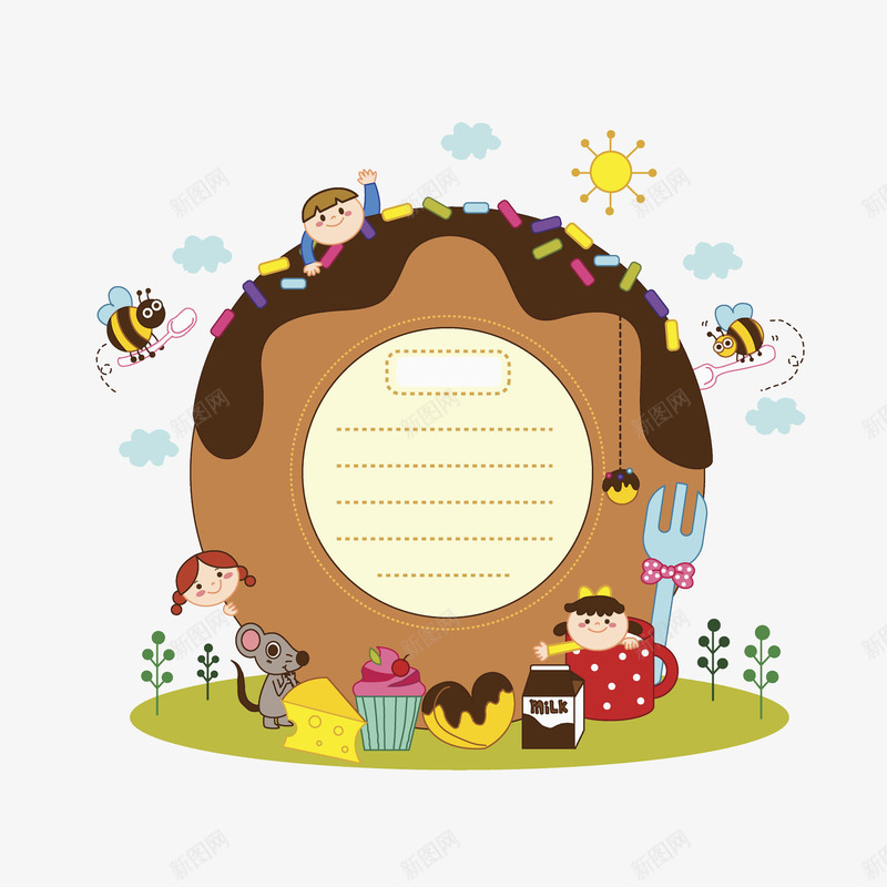 水彩甜甜圈食物边框png免抠素材_新图网 https://ixintu.com 卡通手绘 太阳 孩子 棕色 甜甜圈 甜食 美食 蜜蜂 食物