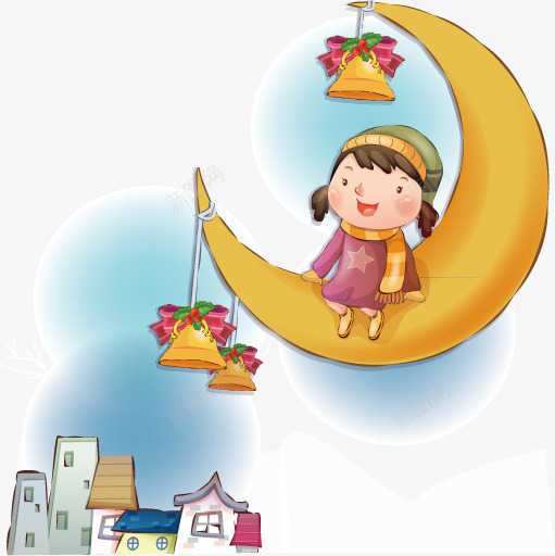 创意插画坐在月亮上的女孩png免抠素材_新图网 https://ixintu.com 房屋 月亮 赏月