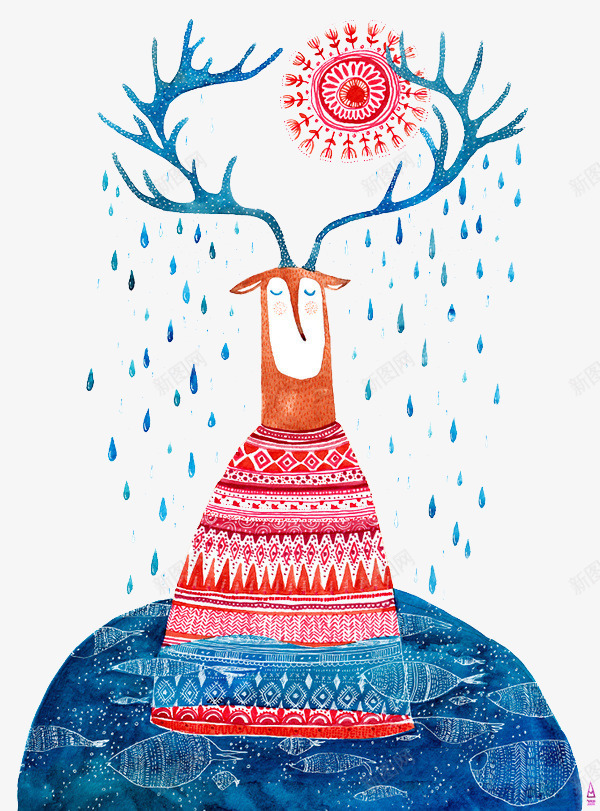 小鹿创意画png免抠素材_新图网 https://ixintu.com 太阳 插画 装饰图案 雨滴 鹿角