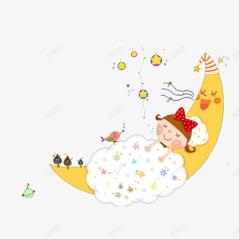 月亮上睡觉的孩子psd免抠素材_新图网 https://ixintu.com 可爱元素 可爱卡通 月亮卡通 睡觉的孩子