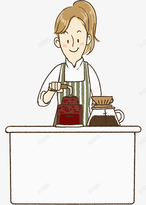 手绘研磨咖啡的女人png免抠素材_新图网 https://ixintu.com 卡通 女人 工作的 服务员 桌子 泡咖啡 研磨机 高兴地