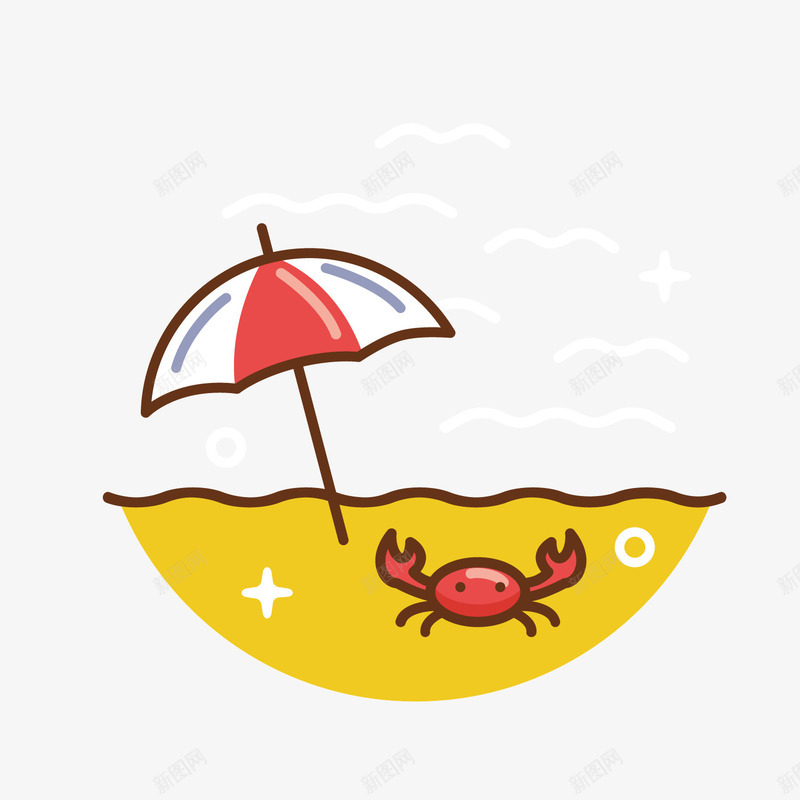 黄色沙滩png免抠素材_新图网 https://ixintu.com 动物 卡通 彩色 手绘 沙滩 波浪 螃蟹 雨伞 黄色