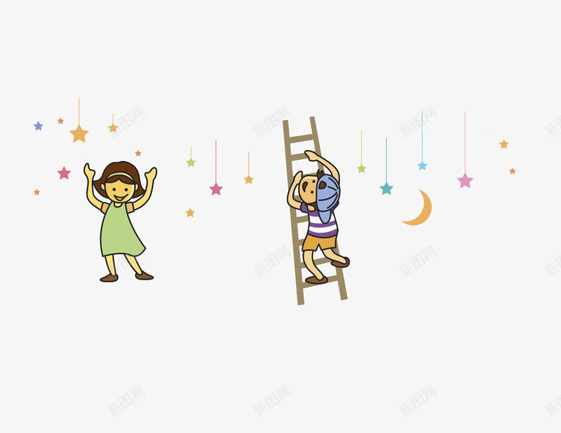 爬梯子的男孩png免抠素材_新图网 https://ixintu.com 可爱的 小男孩 星星 月亮 玩耍的 高兴地
