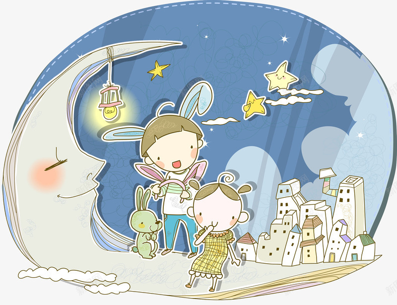 夜晚中的孩子png免抠素材_新图网 https://ixintu.com 剪影 卡通 场景 夜晚 小兔 小孩 房屋 星星 月亮