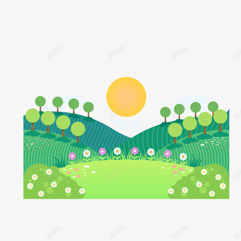 太阳升起装饰案矢量图ai免抠素材_新图网 https://ixintu.com 卡通 太阳 手绘 树木 植物 绿色 自然 装饰 风景 矢量图