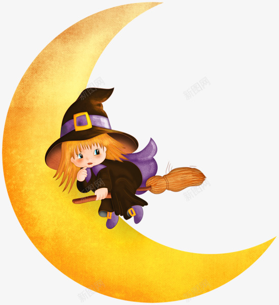 月亮上的小巫师png免抠素材_新图网 https://ixintu.com 小巫师 巫师帽 扫把 月亮