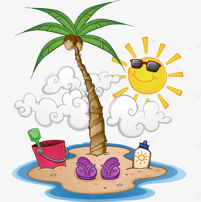 一棵椰树png免抠素材_新图网 https://ixintu.com 卡通 太阳 拖鞋 椰子树 水桶 海滩 红色的