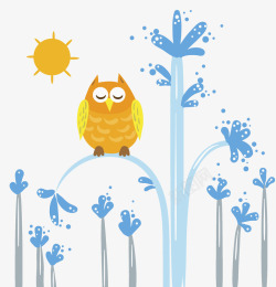 闭眼太阳蓝色水柱上的猫头鹰高清图片