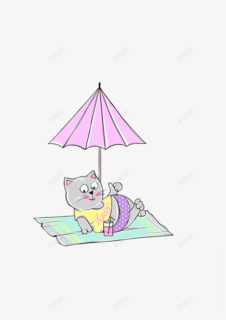 沙滩小猫png免抠素材_新图网 https://ixintu.com 可爱 太阳伞 小猫咪 摊子 晒太阳 白色 紫色 绿色的