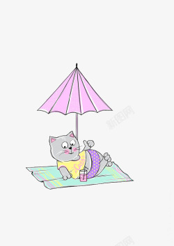 紫色的太阳伞沙滩小猫高清图片