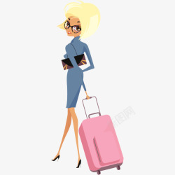 卡通时尚女人拖着行李箱素材