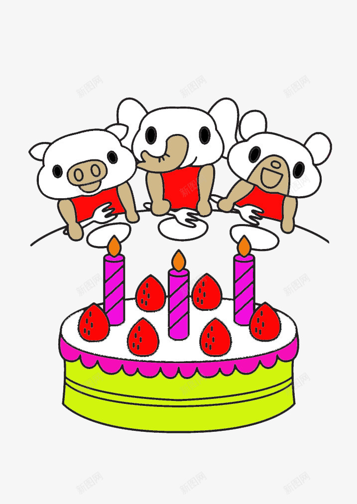 小猪大象小熊一起庆祝生日png免抠素材_新图网 https://ixintu.com 大象 小熊 小猪 手绘 生日 蛋糕