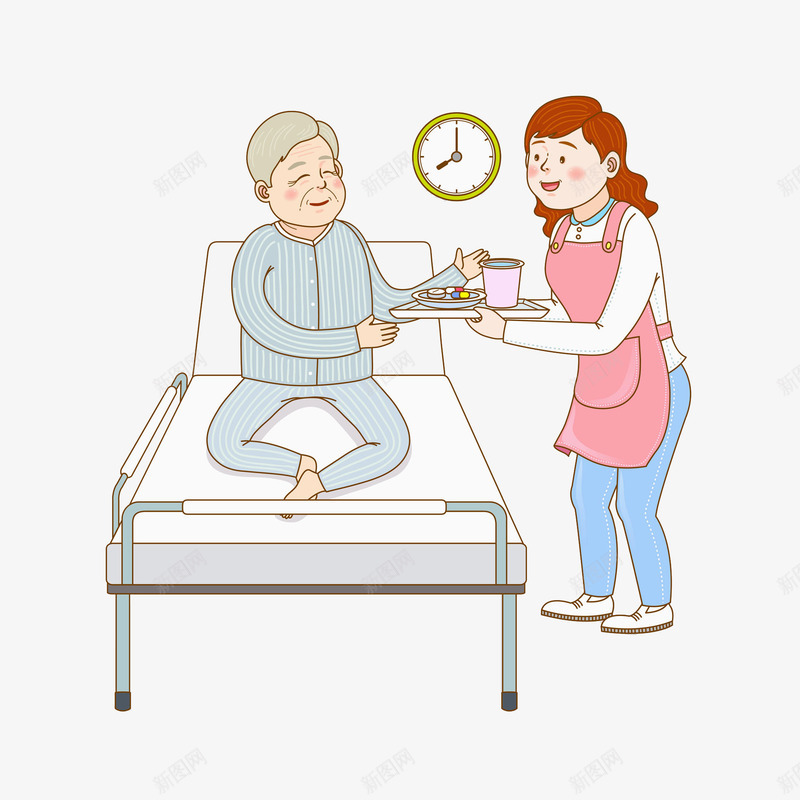 给老人送餐的女人png免抠素材_新图网 https://ixintu.com 卡通 女人 护工 病人 老人 躺着的 送餐 高兴地插图