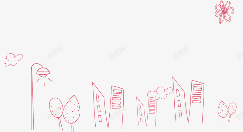 红色简约线条都市png免抠素材_新图网 https://ixintu.com 卡通都市 城市 线条都市 花朵太阳 装饰图案 铃铛