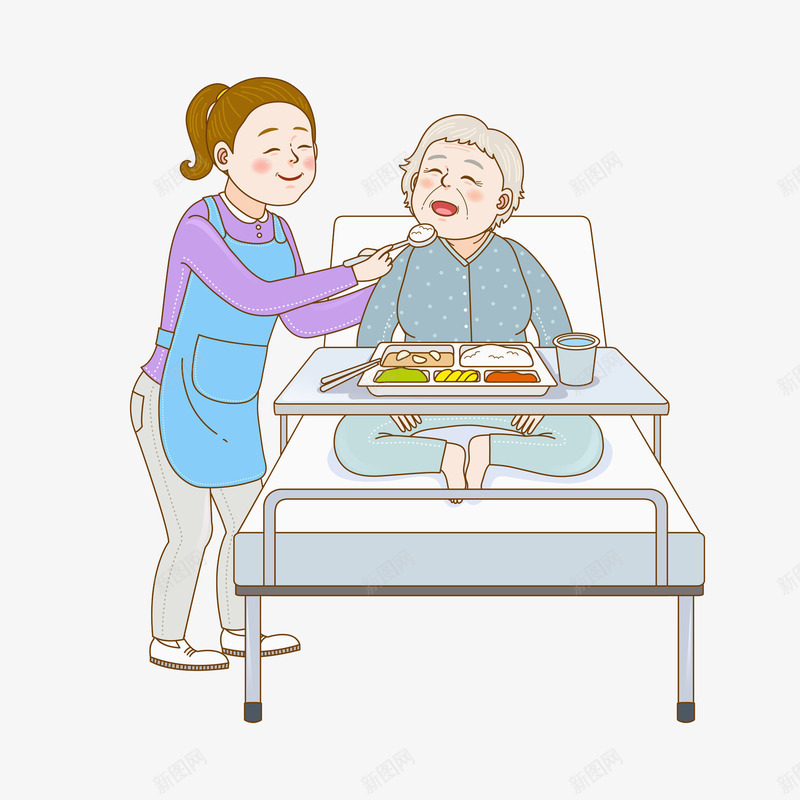 给病人喂饭的女人png免抠素材_新图网 https://ixintu.com 保姆 女人 护工 插图 病人 病床 老人 饭菜 高兴地
